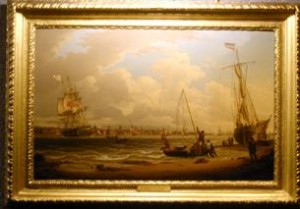 AN ENGLISH MERCHANTMAN OFF THE LIVERPOOL WATERFRONT ON THE RIVER MERSEY